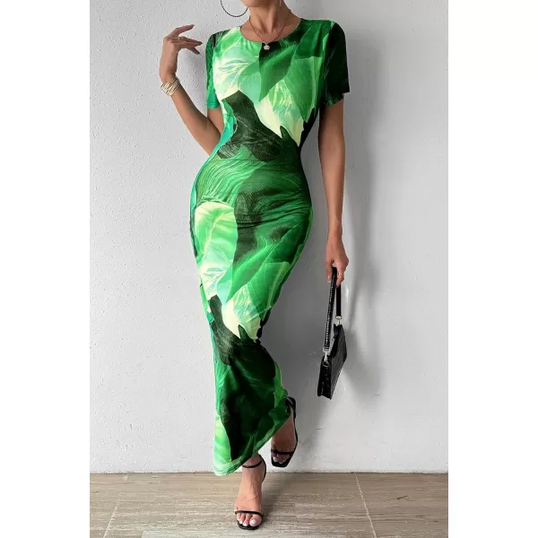 imagePRETTYGARDEN Women Maxi Bodycon Dress Summer Short Sleeve Printed Y2K Long Fitted Pencil Club Party DressesPrint Green