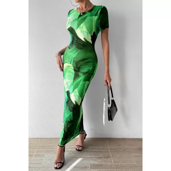 imagePRETTYGARDEN Women Maxi Bodycon Dress Summer Short Sleeve Printed Y2K Long Fitted Pencil Club Party DressesPrint Green