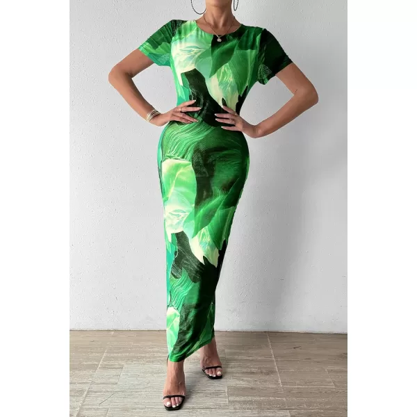 imagePRETTYGARDEN Women Maxi Bodycon Dress Summer Short Sleeve Printed Y2K Long Fitted Pencil Club Party DressesPrint Green