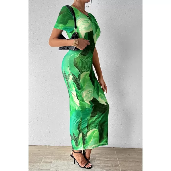 imagePRETTYGARDEN Women Maxi Bodycon Dress Summer Short Sleeve Printed Y2K Long Fitted Pencil Club Party DressesPrint Green