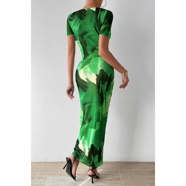 imagePRETTYGARDEN Women Maxi Bodycon Dress Summer Short Sleeve Printed Y2K Long Fitted Pencil Club Party DressesPrint Green