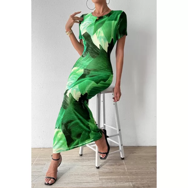 imagePRETTYGARDEN Women Maxi Bodycon Dress Summer Short Sleeve Printed Y2K Long Fitted Pencil Club Party DressesPrint Green
