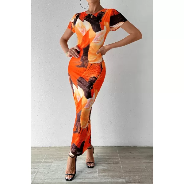 imagePRETTYGARDEN Women Maxi Bodycon Dress Summer Short Sleeve Printed Y2K Long Fitted Pencil Club Party DressesPrint Orange