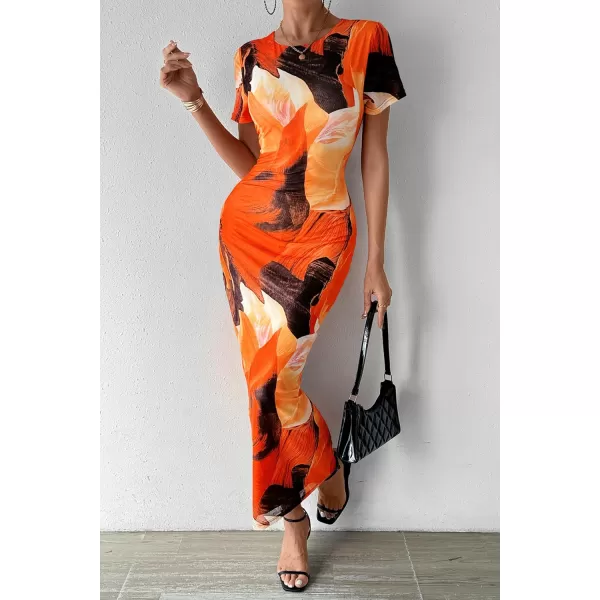 imagePRETTYGARDEN Women Maxi Bodycon Dress Summer Short Sleeve Printed Y2K Long Fitted Pencil Club Party DressesPrint Orange