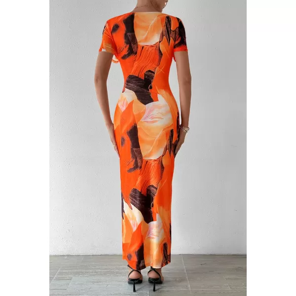 imagePRETTYGARDEN Women Maxi Bodycon Dress Summer Short Sleeve Printed Y2K Long Fitted Pencil Club Party DressesPrint Orange