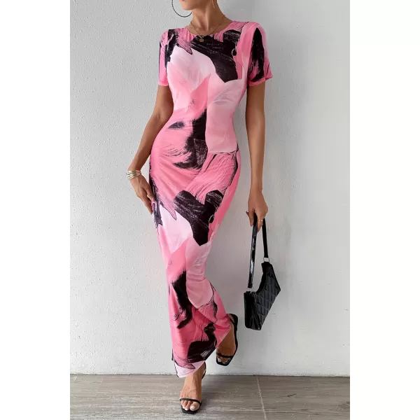 imagePRETTYGARDEN Women Maxi Bodycon Dress Summer Short Sleeve Printed Y2K Long Fitted Pencil Club Party DressesPrint Pink