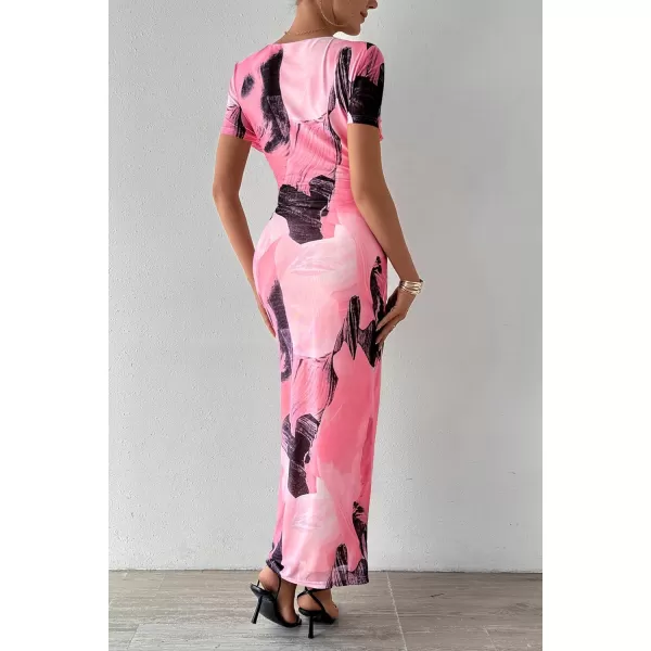 imagePRETTYGARDEN Women Maxi Bodycon Dress Summer Short Sleeve Printed Y2K Long Fitted Pencil Club Party DressesPrint Pink