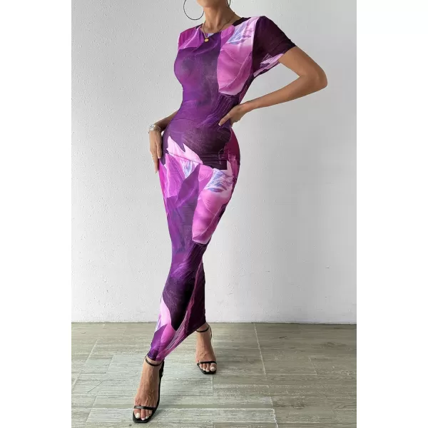 imagePRETTYGARDEN Women Maxi Bodycon Dress Summer Short Sleeve Printed Y2K Long Fitted Pencil Club Party DressesPrint Purple