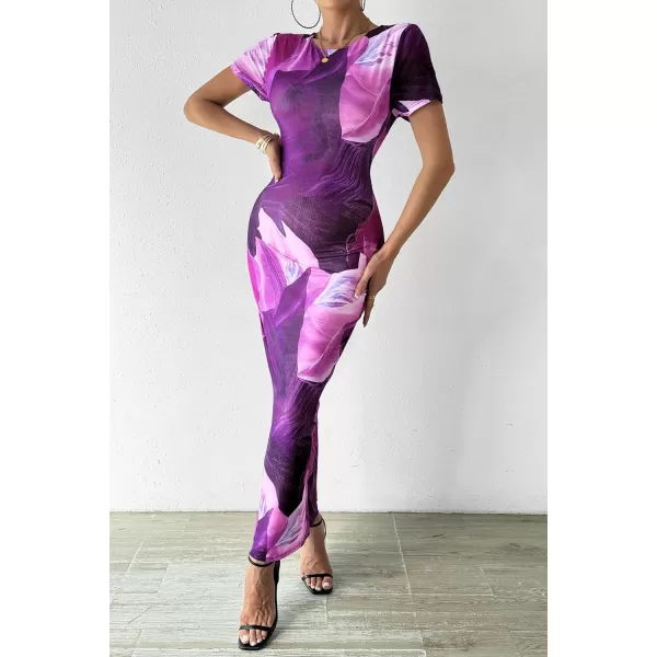imagePRETTYGARDEN Women Maxi Bodycon Dress Summer Short Sleeve Printed Y2K Long Fitted Pencil Club Party DressesPrint Purple