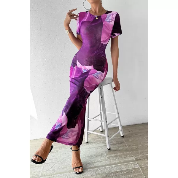 imagePRETTYGARDEN Women Maxi Bodycon Dress Summer Short Sleeve Printed Y2K Long Fitted Pencil Club Party DressesPrint Purple