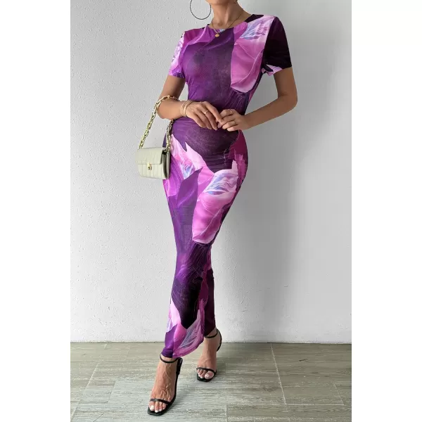 imagePRETTYGARDEN Women Maxi Bodycon Dress Summer Short Sleeve Printed Y2K Long Fitted Pencil Club Party DressesPrint Purple