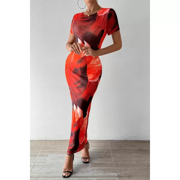 imagePRETTYGARDEN Women Maxi Bodycon Dress Summer Short Sleeve Printed Y2K Long Fitted Pencil Club Party DressesPrint Red