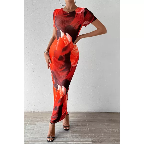 imagePRETTYGARDEN Women Maxi Bodycon Dress Summer Short Sleeve Printed Y2K Long Fitted Pencil Club Party DressesPrint Red