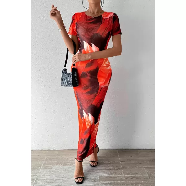 imagePRETTYGARDEN Women Maxi Bodycon Dress Summer Short Sleeve Printed Y2K Long Fitted Pencil Club Party DressesPrint Red