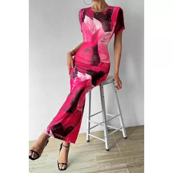 imagePRETTYGARDEN Women Maxi Bodycon Dress Summer Short Sleeve Printed Y2K Long Fitted Pencil Club Party DressesPrint Rose Red