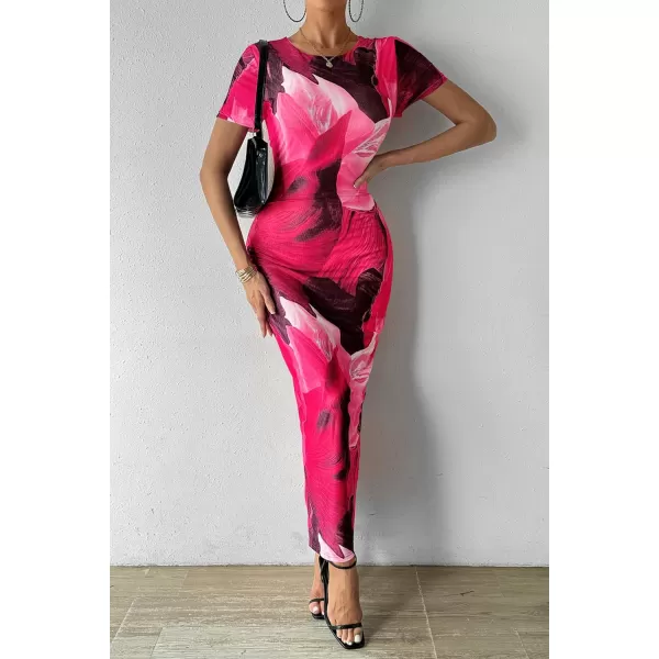 imagePRETTYGARDEN Women Maxi Bodycon Dress Summer Short Sleeve Printed Y2K Long Fitted Pencil Club Party DressesPrint Rose Red