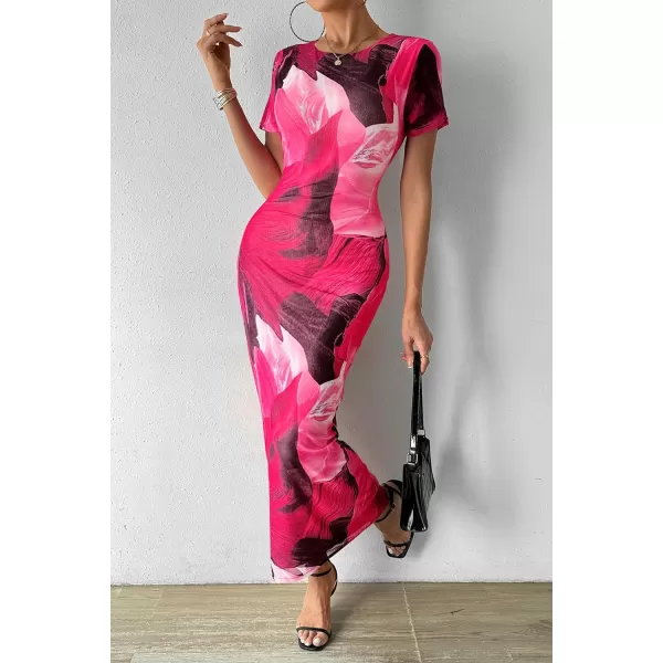 imagePRETTYGARDEN Women Maxi Bodycon Dress Summer Short Sleeve Printed Y2K Long Fitted Pencil Club Party DressesPrint Rose Red