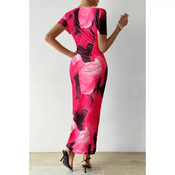imagePRETTYGARDEN Women Maxi Bodycon Dress Summer Short Sleeve Printed Y2K Long Fitted Pencil Club Party DressesPrint Rose Red