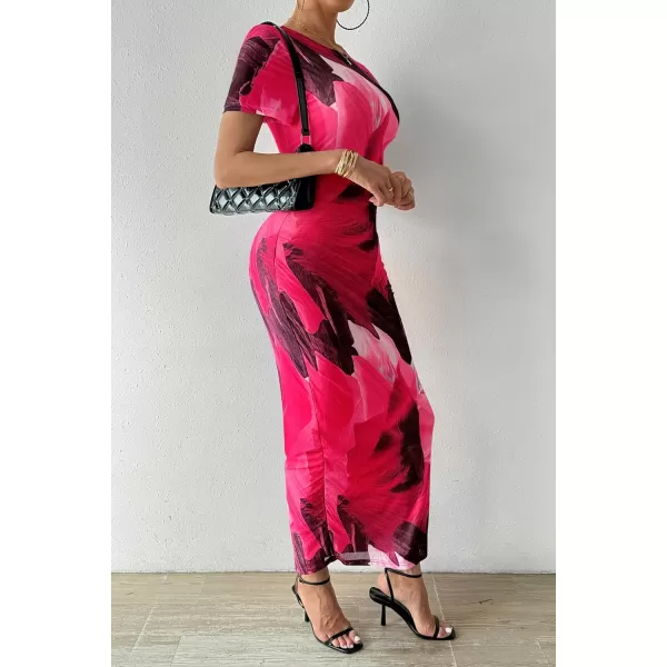 imagePRETTYGARDEN Women Maxi Bodycon Dress Summer Short Sleeve Printed Y2K Long Fitted Pencil Club Party DressesPrint Rose Red