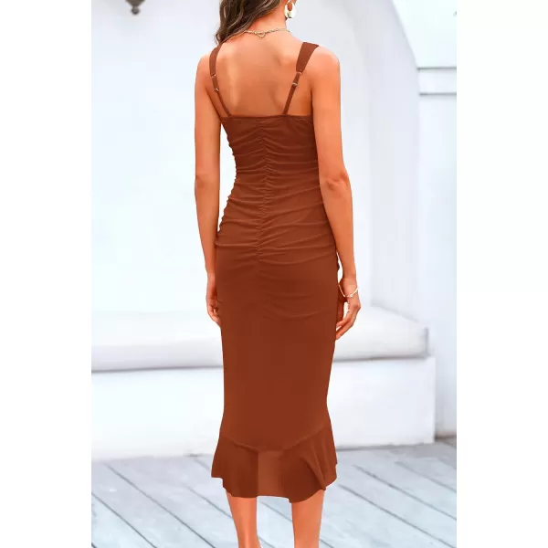 imagePRETTYGARDEN Women Midi Bodycon Dress Summer Sleeveless Irregular Ruffle Hem Cocktail Party Tank DressesCaramel