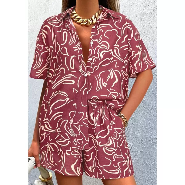 imagePRETTYGARDEN Women Summer 2 Piece Beach Outfits Printed Short Sleeve Tops Lounge Shorts Casual Tracksuit SetBrown Red