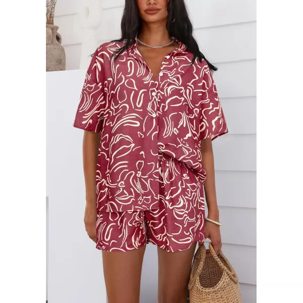 imagePRETTYGARDEN Women Summer 2 Piece Beach Outfits Printed Short Sleeve Tops Lounge Shorts Casual Tracksuit SetBrown Red
