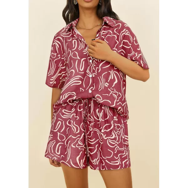 imagePRETTYGARDEN Women Summer 2 Piece Beach Outfits Printed Short Sleeve Tops Lounge Shorts Casual Tracksuit SetBrown Red