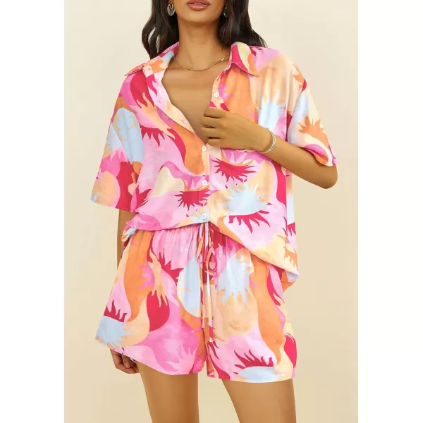 imagePRETTYGARDEN Women Summer 2 Piece Beach Outfits Printed Short Sleeve Tops Lounge Shorts Casual Tracksuit SetPink