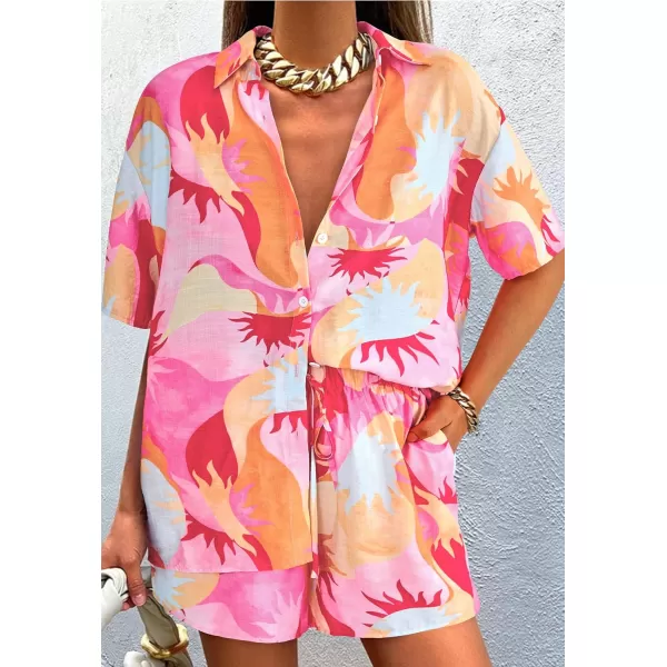 imagePRETTYGARDEN Women Summer 2 Piece Beach Outfits Printed Short Sleeve Tops Lounge Shorts Casual Tracksuit SetPink