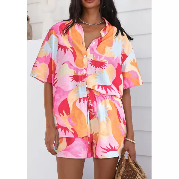 imagePRETTYGARDEN Women Summer 2 Piece Beach Outfits Printed Short Sleeve Tops Lounge Shorts Casual Tracksuit SetPink