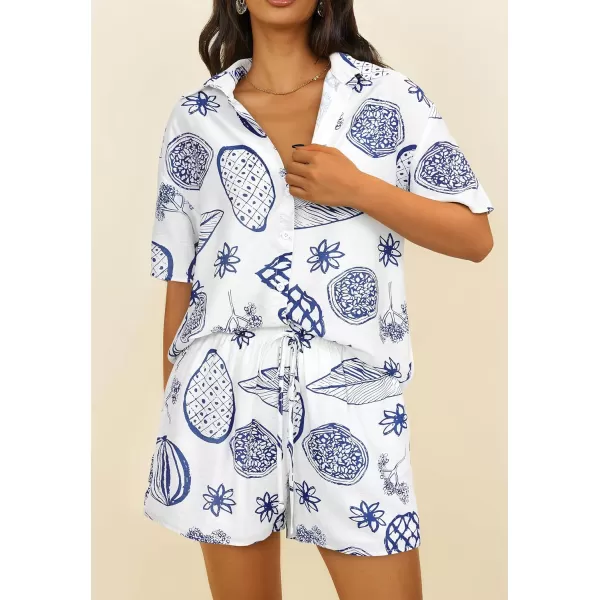 imagePRETTYGARDEN Women Summer 2 Piece Beach Outfits Printed Short Sleeve Tops Lounge Shorts Casual Tracksuit SetWhite Blue