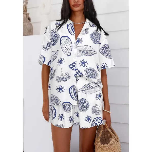 imagePRETTYGARDEN Women Summer 2 Piece Beach Outfits Printed Short Sleeve Tops Lounge Shorts Casual Tracksuit SetWhite Blue