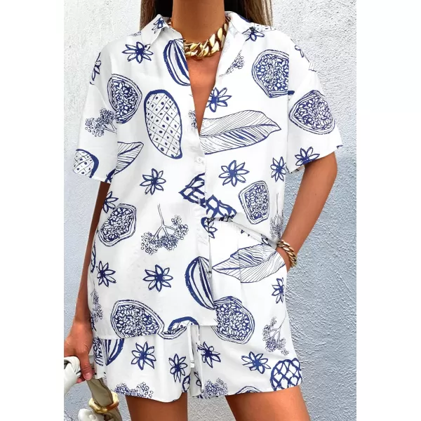 imagePRETTYGARDEN Women Summer 2 Piece Beach Outfits Printed Short Sleeve Tops Lounge Shorts Casual Tracksuit SetWhite Blue