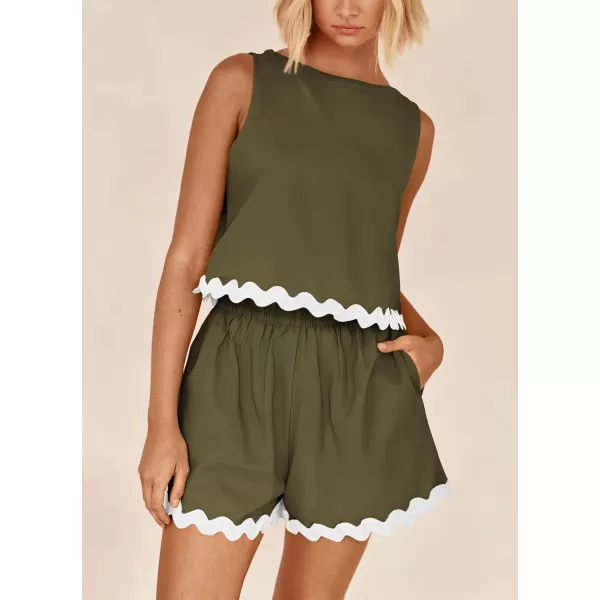 imagePRETTYGARDEN Womens 2 Piece Beach Vacation Outfits Casual Cropped Tank Top High Waist Shorts Set TracksuitArmy Green
