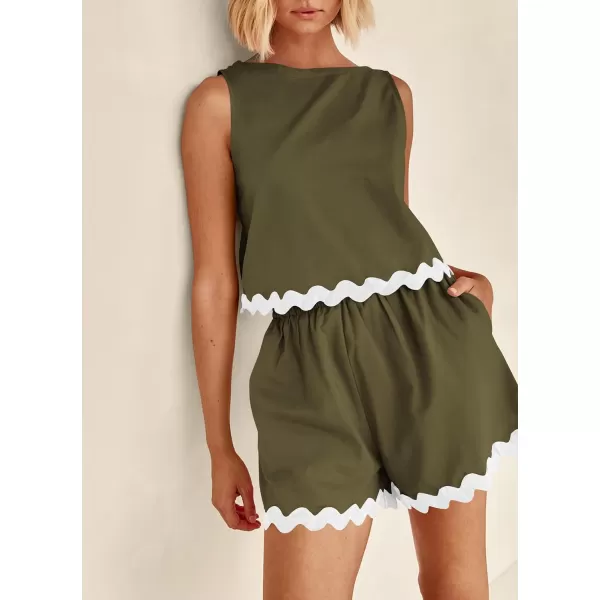 imagePRETTYGARDEN Womens 2 Piece Beach Vacation Outfits Casual Cropped Tank Top High Waist Shorts Set TracksuitArmy Green