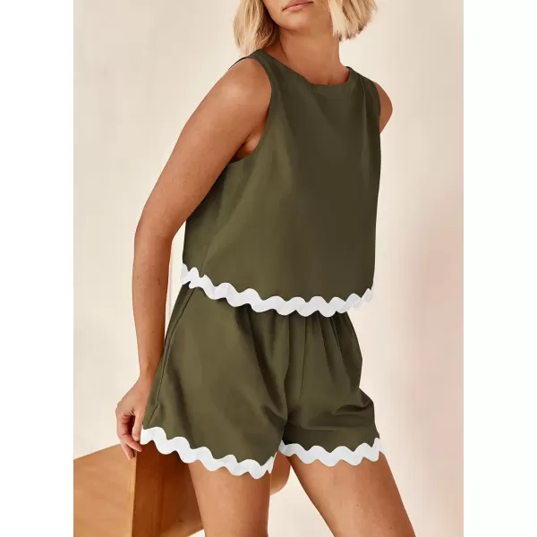 imagePRETTYGARDEN Womens 2 Piece Beach Vacation Outfits Casual Cropped Tank Top High Waist Shorts Set TracksuitArmy Green