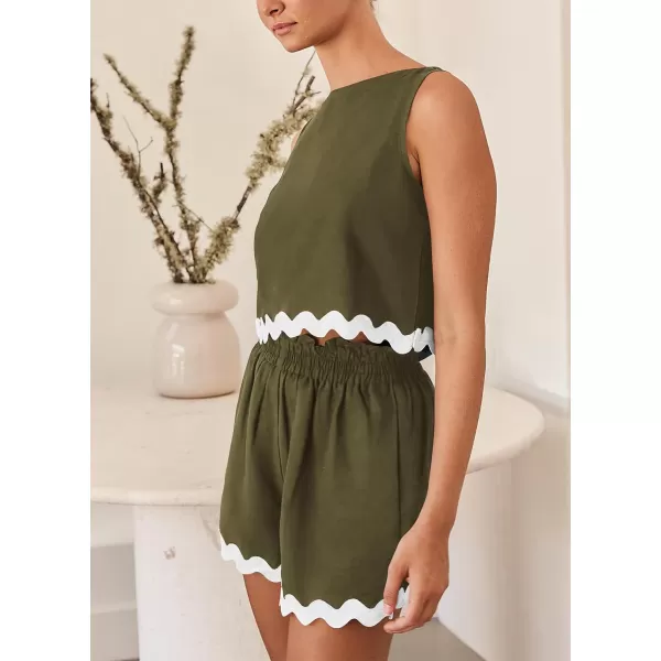 imagePRETTYGARDEN Womens 2 Piece Beach Vacation Outfits Casual Cropped Tank Top High Waist Shorts Set TracksuitArmy Green