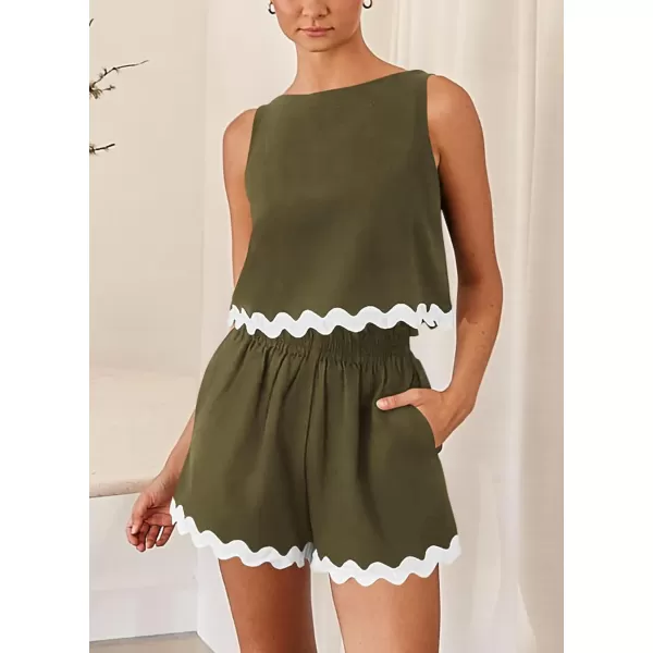 imagePRETTYGARDEN Womens 2 Piece Beach Vacation Outfits Casual Cropped Tank Top High Waist Shorts Set TracksuitArmy Green