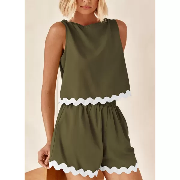 imagePRETTYGARDEN Womens 2 Piece Beach Vacation Outfits Casual Cropped Tank Top High Waist Shorts Set TracksuitArmy Green