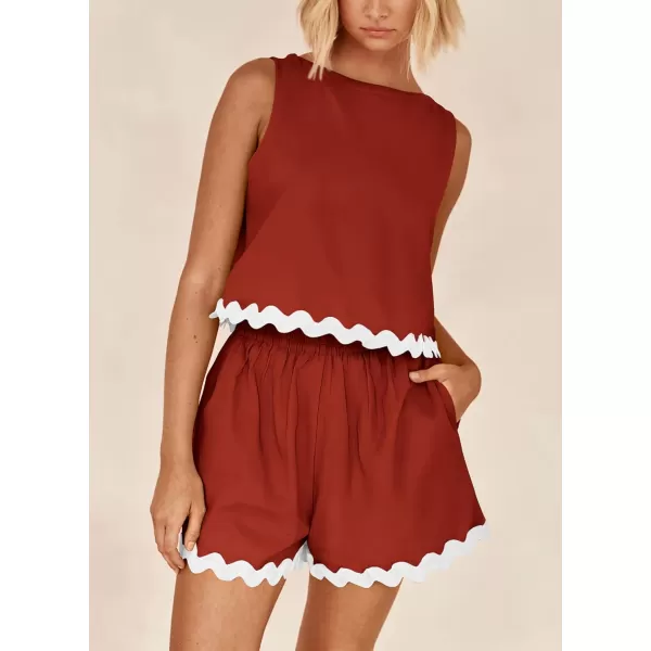imagePRETTYGARDEN Womens 2 Piece Beach Vacation Outfits Casual Cropped Tank Top High Waist Shorts Set TracksuitBrick Red