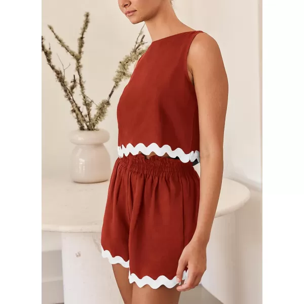imagePRETTYGARDEN Womens 2 Piece Beach Vacation Outfits Casual Cropped Tank Top High Waist Shorts Set TracksuitBrick Red