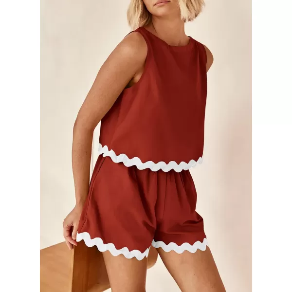 imagePRETTYGARDEN Womens 2 Piece Beach Vacation Outfits Casual Cropped Tank Top High Waist Shorts Set TracksuitBrick Red