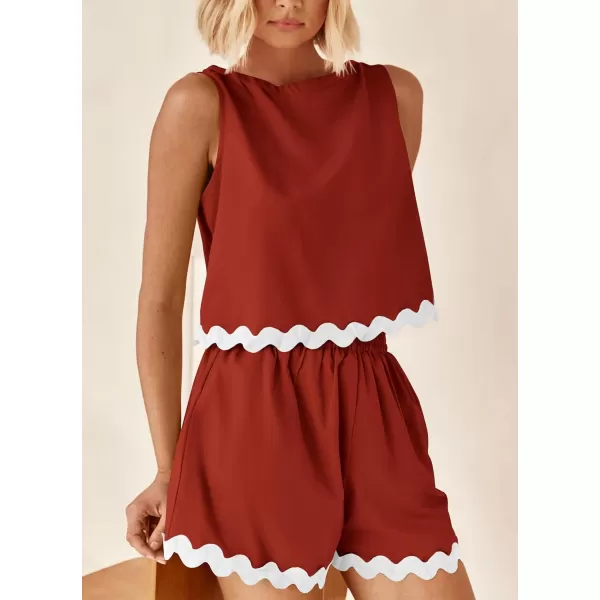 imagePRETTYGARDEN Womens 2 Piece Beach Vacation Outfits Casual Cropped Tank Top High Waist Shorts Set TracksuitBrick Red