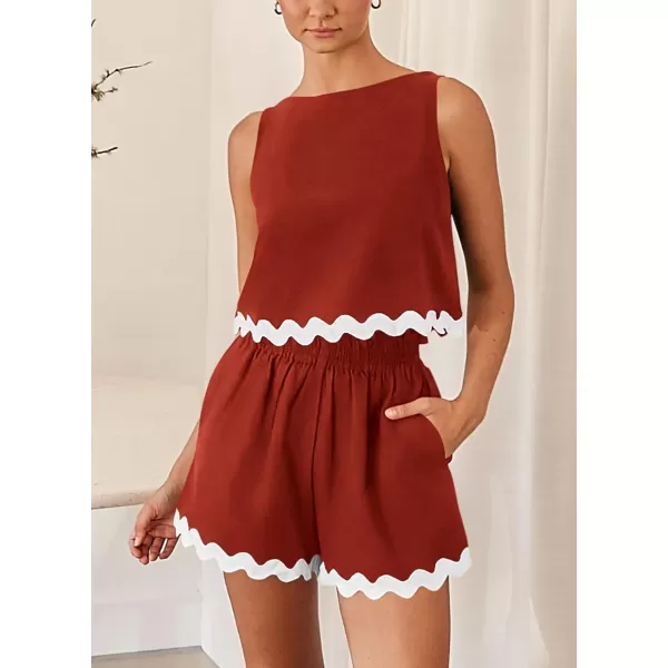 imagePRETTYGARDEN Womens 2 Piece Beach Vacation Outfits Casual Cropped Tank Top High Waist Shorts Set TracksuitBrick Red