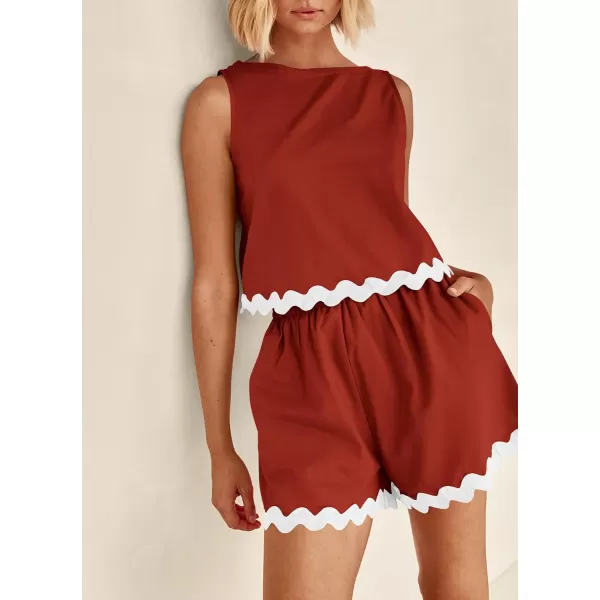 imagePRETTYGARDEN Womens 2 Piece Beach Vacation Outfits Casual Cropped Tank Top High Waist Shorts Set TracksuitBrick Red