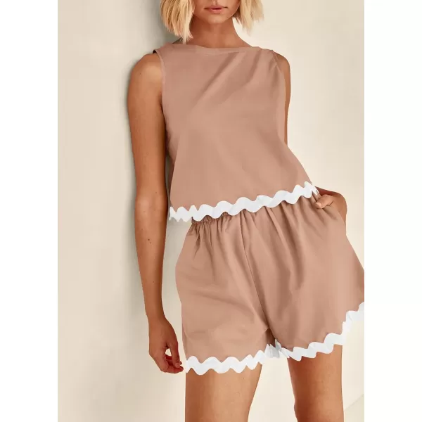 imagePRETTYGARDEN Womens 2 Piece Beach Vacation Outfits Casual Cropped Tank Top High Waist Shorts Set TracksuitKhaki