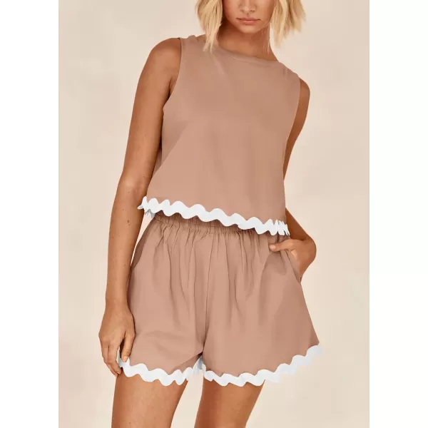 imagePRETTYGARDEN Womens 2 Piece Beach Vacation Outfits Casual Cropped Tank Top High Waist Shorts Set TracksuitKhaki