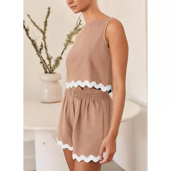 imagePRETTYGARDEN Womens 2 Piece Beach Vacation Outfits Casual Cropped Tank Top High Waist Shorts Set TracksuitKhaki