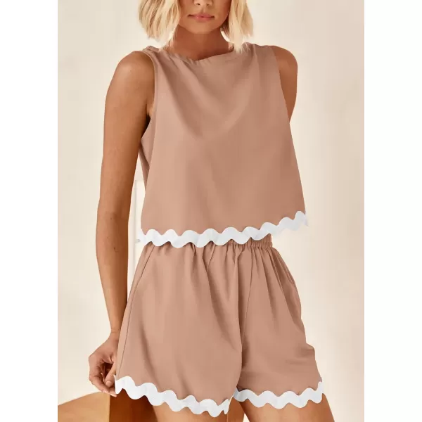 imagePRETTYGARDEN Womens 2 Piece Beach Vacation Outfits Casual Cropped Tank Top High Waist Shorts Set TracksuitKhaki