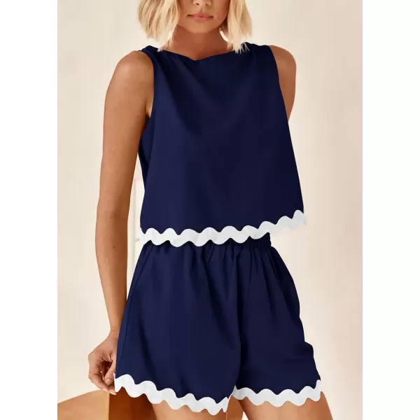 imagePRETTYGARDEN Womens 2 Piece Beach Vacation Outfits Casual Cropped Tank Top High Waist Shorts Set TracksuitNavy